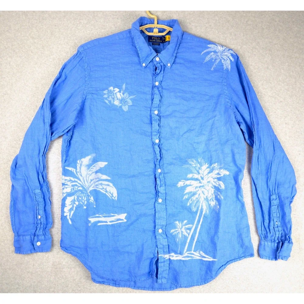 Polo Ralph Lauren Mens XXL Blue 100% Linen Tropical Palm‎ Tree Button Down Shirt